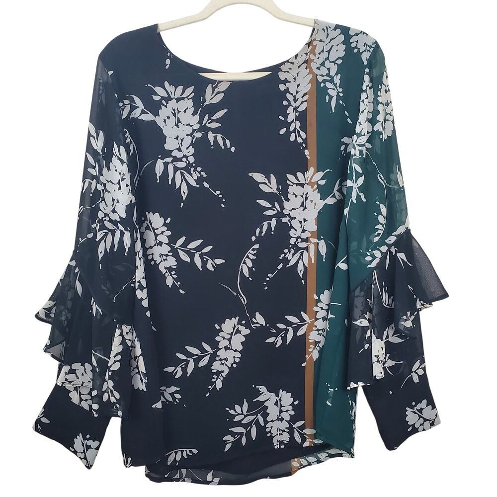 CALVIN KLEIN | Bell Sleeve Floral | Black/Green/White | Blouse | Size XL